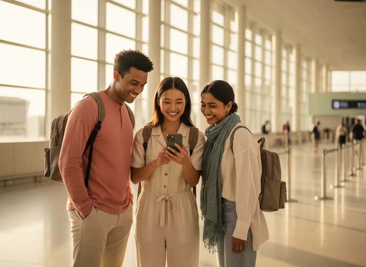 Travellers at the airport checking their Roameo eSIM