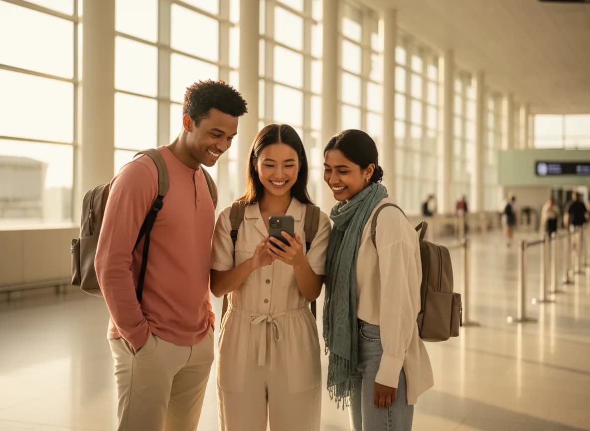 Travellers at the airport checking their Roameo eSIM