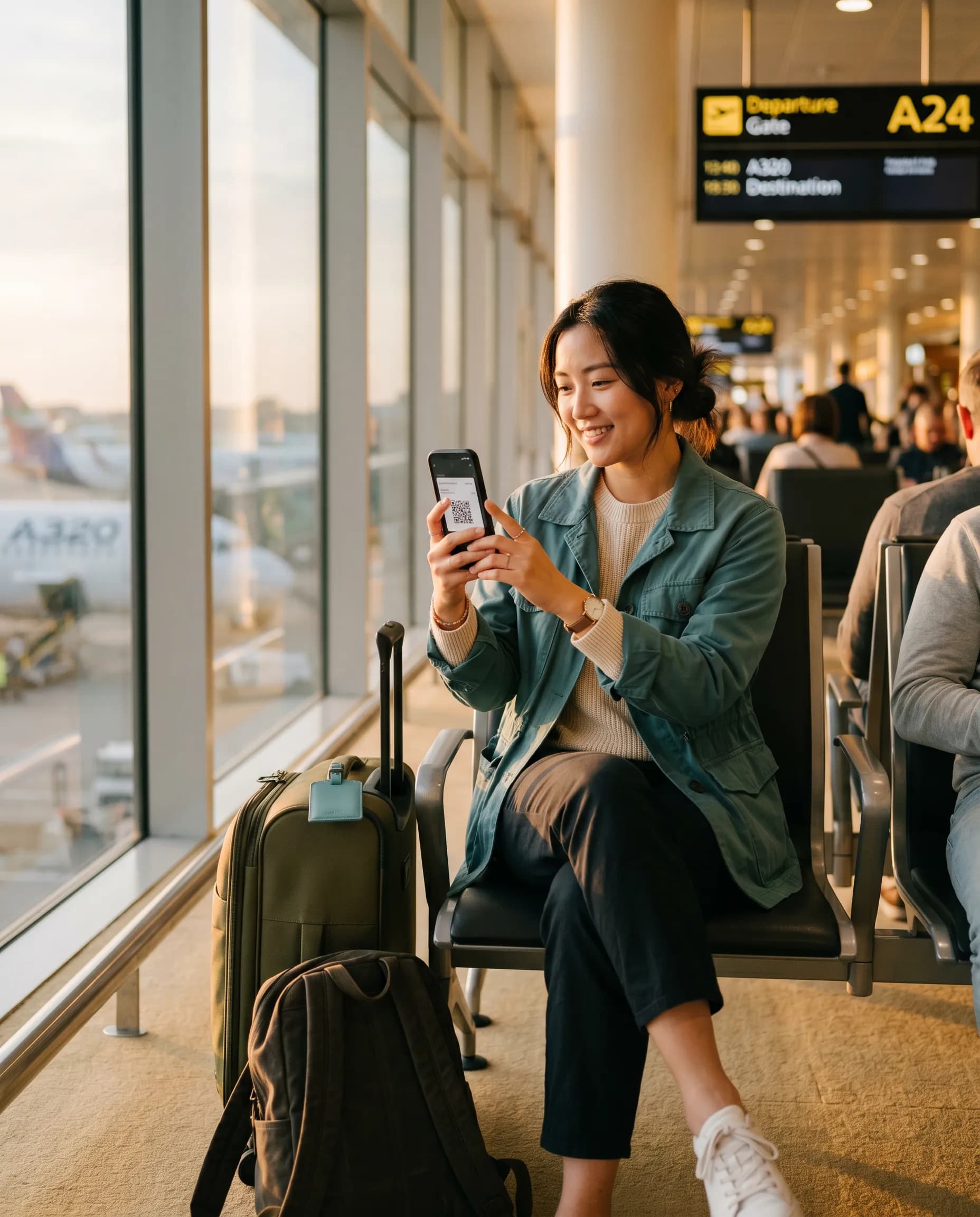 Traveller installing a Roameo eSIM at the departure gate